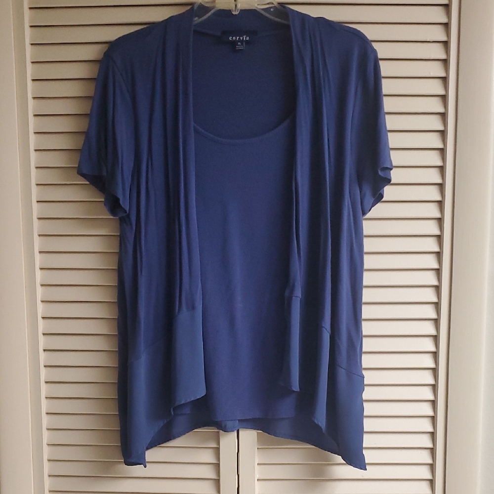 Coryva Blue Short-Sleeve Open-Front Tunic